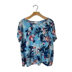 J. Jill Love Linen Blue Floral Short Sleeve Woven Shirt Plus Size 1X
